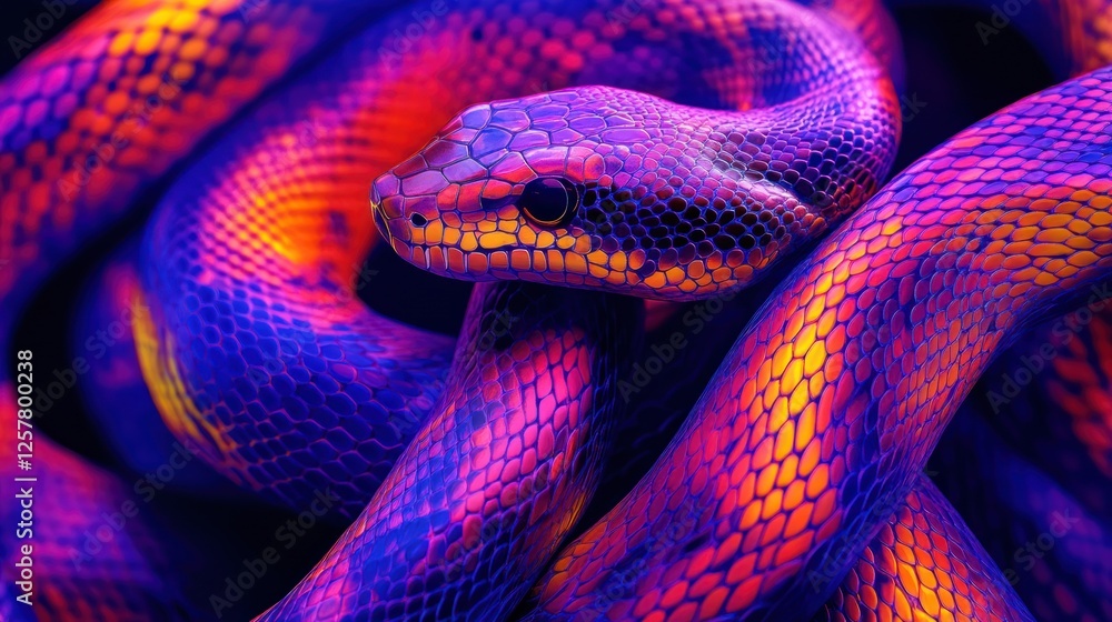 Fototapeta premium Vibrant Neon Snake Closeup Photography: A Mystical Reptile with Iridescent Scales
