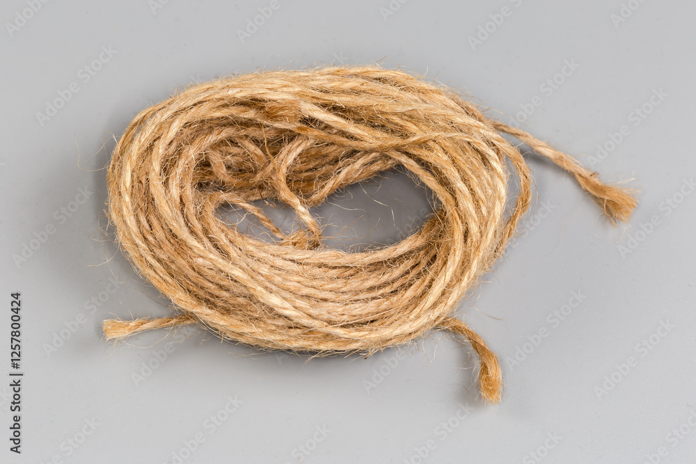 Small skein of natural twine on a gray background Small skein of natural twine on a gray background