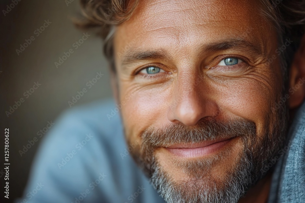 Joyful man smiling warmly with captivating blue eyes and a playful beard in a soft, rustic indoor setting Joyful man smiling warmly with captivating blue eyes and a playful beard in a soft, rustic indoor setting