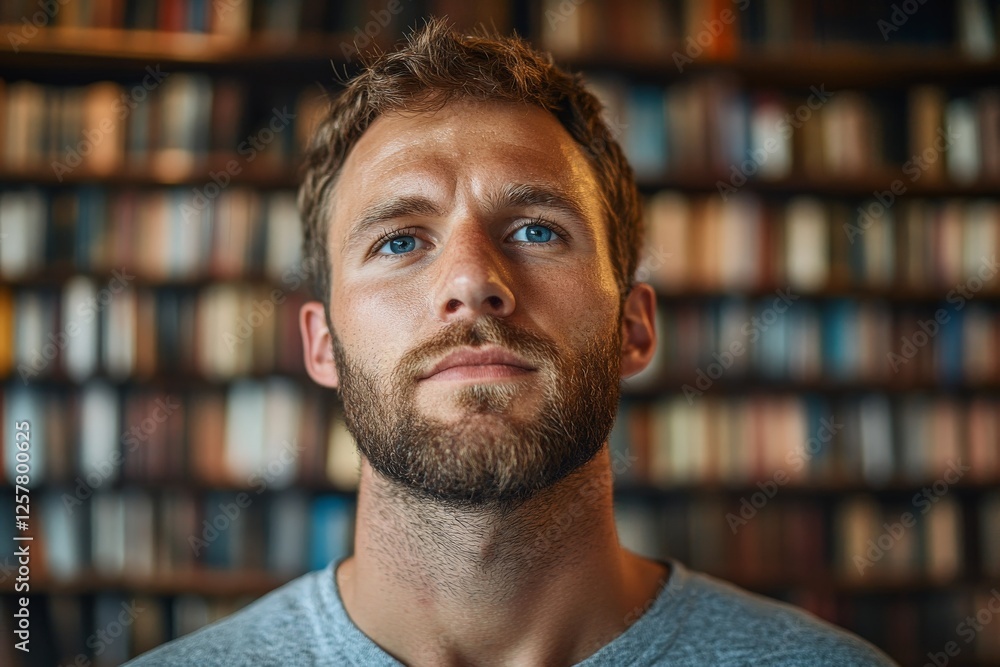 Individual with a beard and blue eyes stands in front of a large bookshelf with numerous books Individual with a beard and blue eyes stands in front of a large bookshelf with numerous books