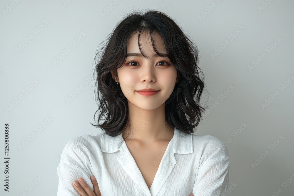 Obraz premium Young woman smiles confidently with arms crossed in a neutral-toned environment during daylight