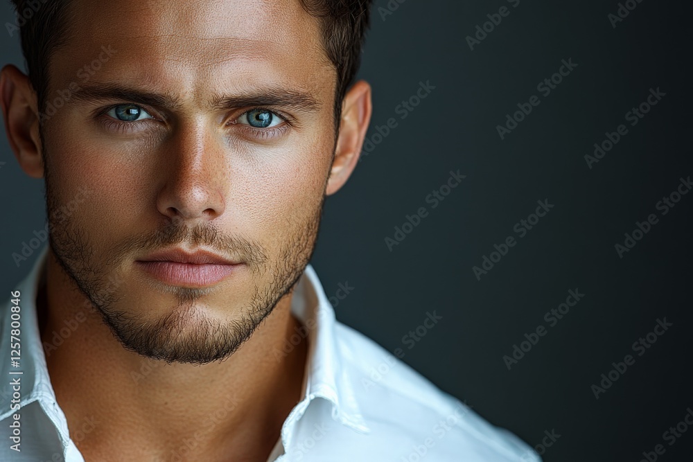 Fototapeta premium Young man with striking blue eyes and a confident expression in a close-up portrait against a dark background