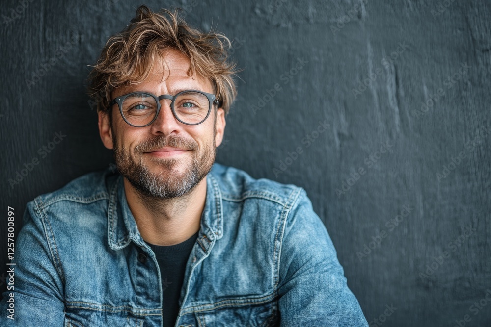 Obraz premium Smiling man with glasses wearing a denim jacket poses against a dark background in a relaxed setting