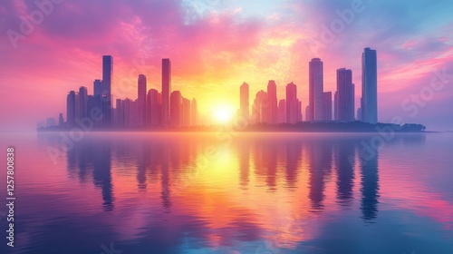 Majestic city skyline at sunset reflecting on calm waters with vibrant colors and misty atmosphere