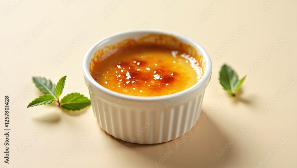 A whiskey-flavored crème brûlée with a golden caramelized top, sprinkled with sea salt and garnished with fresh mint, set against a soft beige background, evoking sophistication and indulgence. A whiskey-flavored crème brûlée with a golden caramelized top, sprinkled with sea salt and garnished with fresh mint, set against a soft beige background, evoking sophistication and indulgence.