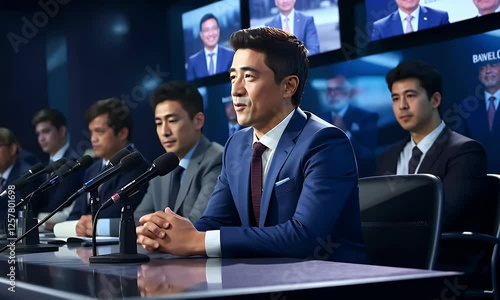 Asian businessman speaks at press conference, colleagues listen, screens display news