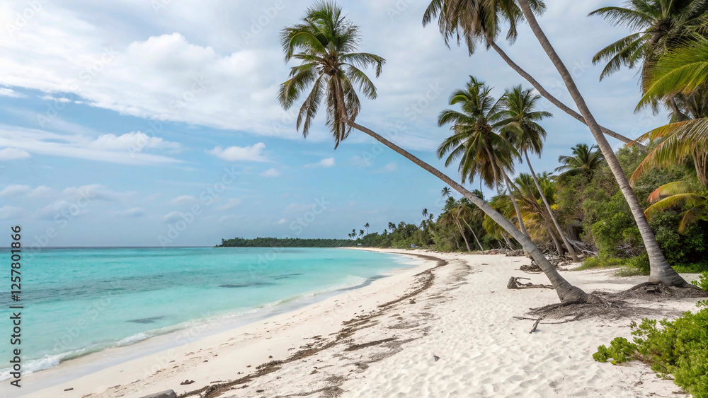 Obraz premium Tropical Paradise: White Sand Beach, Coconut Palms, and Turquoise Waters