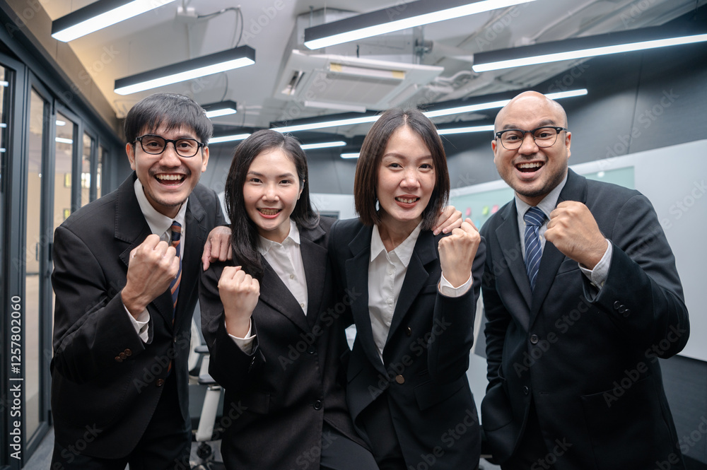 Obraz premium Business people, men and women, standing, posing, meeting in office, with documents, laptops and brainstorming, planning sales, digital marketing and growth strategies with colorful charts and graphs.