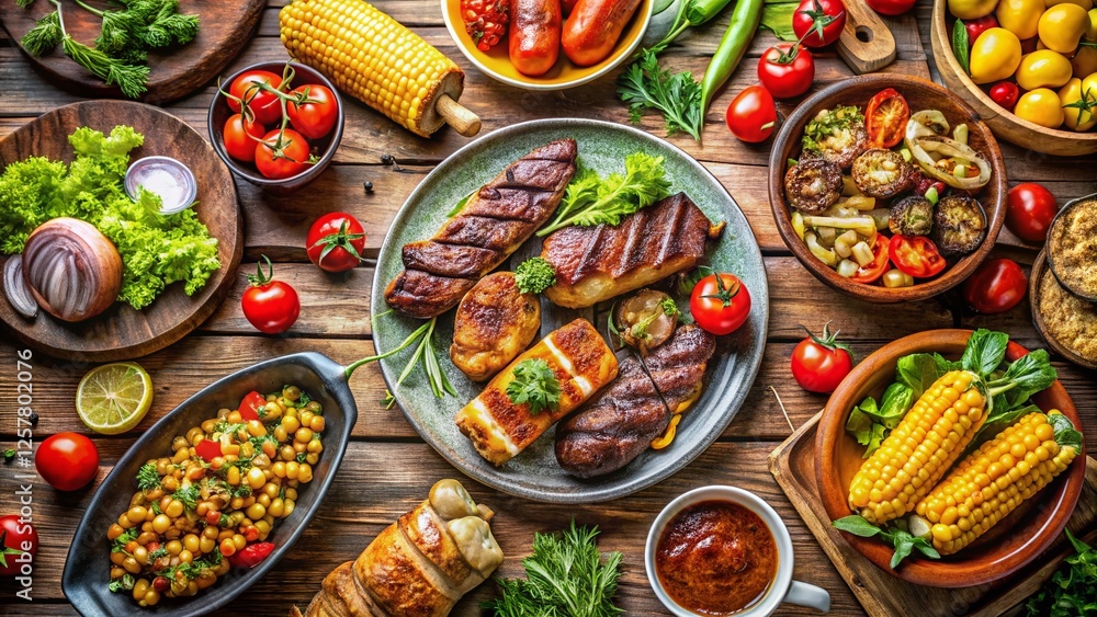 Aerial View of Summer BBQ Feast: Delicious Food Platter Aerial View of Summer BBQ Feast: Delicious Food Platter