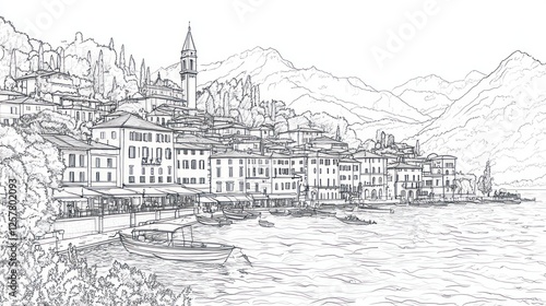 Lakeside village sketch, Italian Alps background, tourism postcard