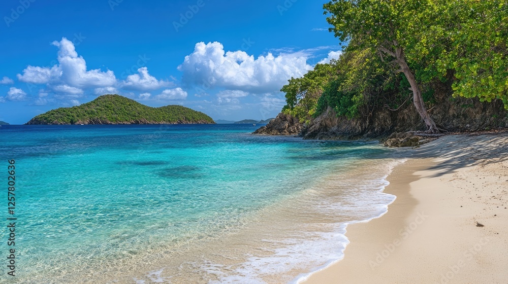Tropical beach with crystal-clear waters and soft sand under a sunny sky Tropical beach with crystal-clear waters and soft sand under a sunny sky