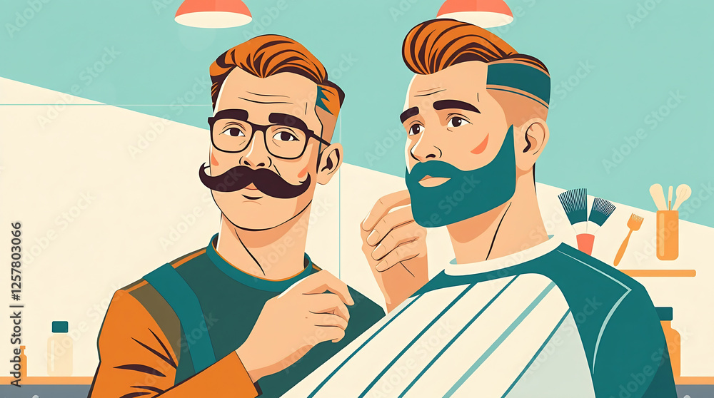 Fototapeta premium Stylish Barbershop with Barber Cutting Client's Hair in Retro Minimalist Design for barber shop salon advertising, grooming services promotion, hair styling business