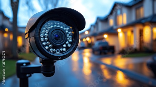Wallpaper Mural Surveillance camera monitoring residential area at dusk, highlighting security and neighborhood safety Torontodigital.ca