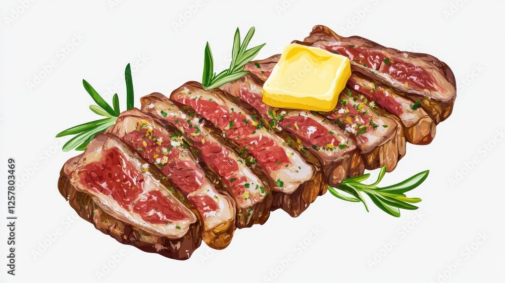 Sliced steak with herbs and butter, transparent background, flat design illustration Sliced steak with herbs and butter, transparent background, flat design illustration