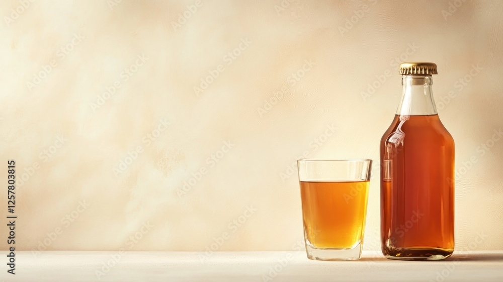 Amber liquid bottle and glass on beige background Amber liquid bottle and glass on beige background