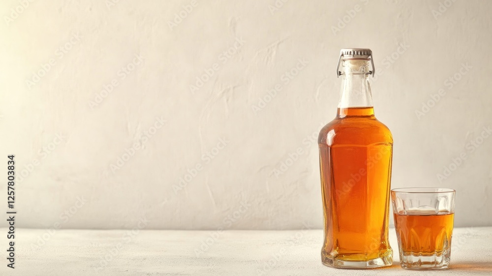 Amber liquid bottle and glass on table Amber liquid bottle and glass on table
