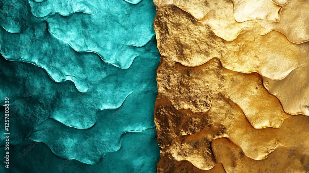 Obraz premium Abstract Teal Gold Liquid Texture Swirling Dynamic Background. AI Generated
