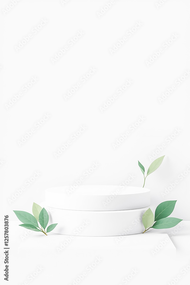 White Product Display Podium with Green Leaves on Light Background for Cosmetic Beauty Fashion Presentation Stand White Product Display Podium with Green Leaves on Light Background for Cosmetic Beauty Fashion Presentation Stand