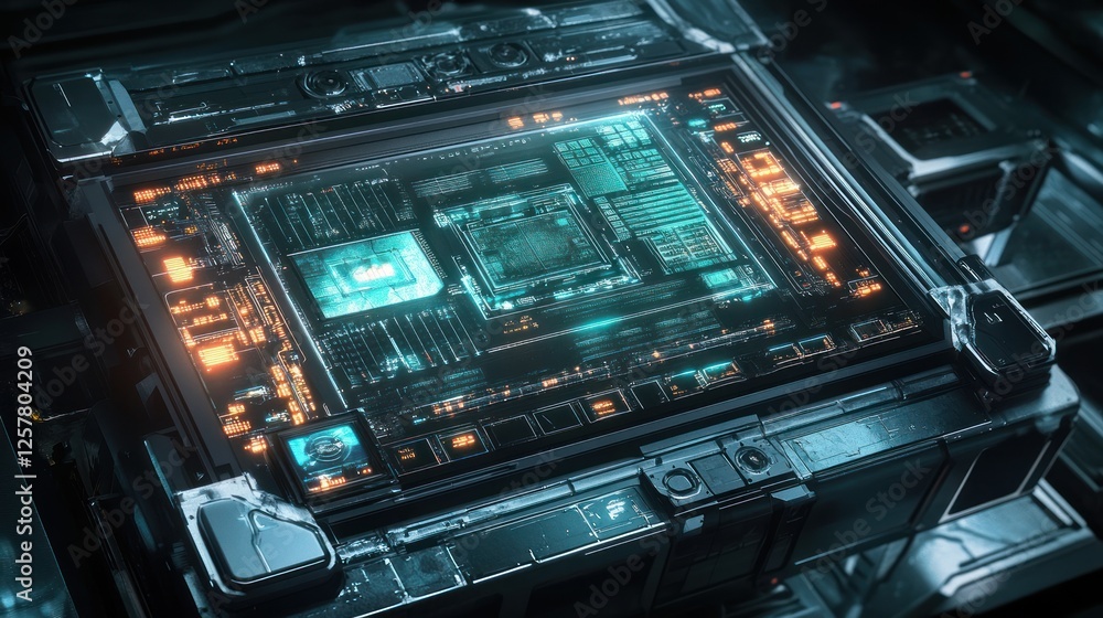 Complex futuristic technology interface with glowing digital elements