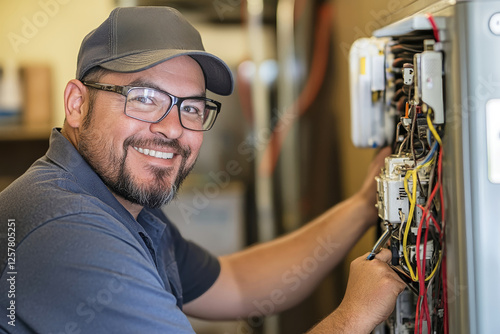 Wallpaper Mural Smiling technician repairs air conditioner in bright home setting showcasing expertise and warmth Torontodigital.ca