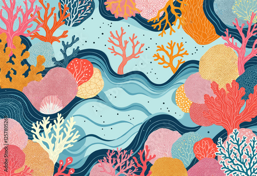 A variety of colorful coral and marine life, including pink, orange, blue, and white shapes, arranged in a dynamic and whimsical composition. Vector patterns, random pattern