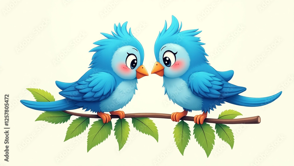 Fototapeta premium Two blue cartoon birds face each other on a branch with green leaves. 