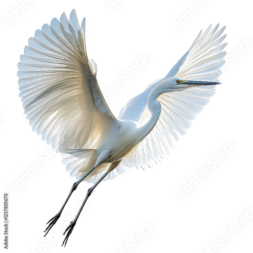 Egret bird Flying in the air with open wingspan on transparent background