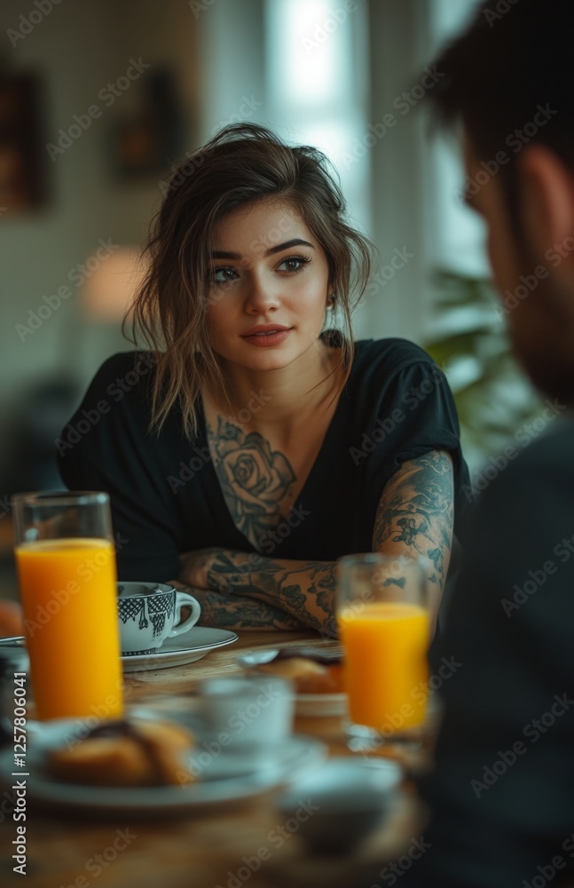 Young Tattooed Woman Talking to Attractive Man at Breakfast in Modern Apartment Young Tattooed Woman Talking to Attractive Man at Breakfast in Modern Apartment