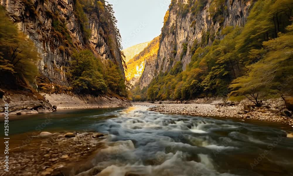 Autumn river flows through steep canyon walls at sunset Autumn river flows through steep canyon walls at sunset