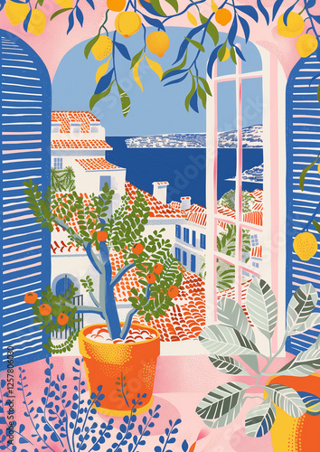 illustration of a summer  Mediterranean window poster photo