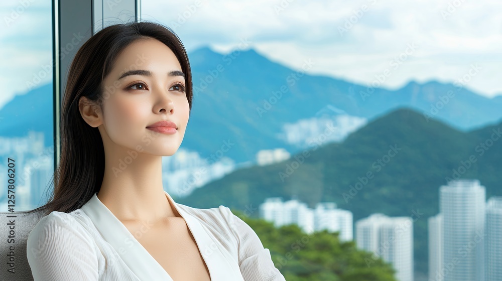 Elegant Woman in White Relaxing by a Window, Stunning City and Mountain View Background, Peaceful Urban Lifestyle, Modern Minimalist Aesthetic, Beauty in Serenity and Nature. Elegant Woman in White Relaxing by a Window, Stunning City and Mountain View Background, Peaceful Urban Lifestyle, Modern Minimalist Aesthetic, Beauty in Serenity and Nature.