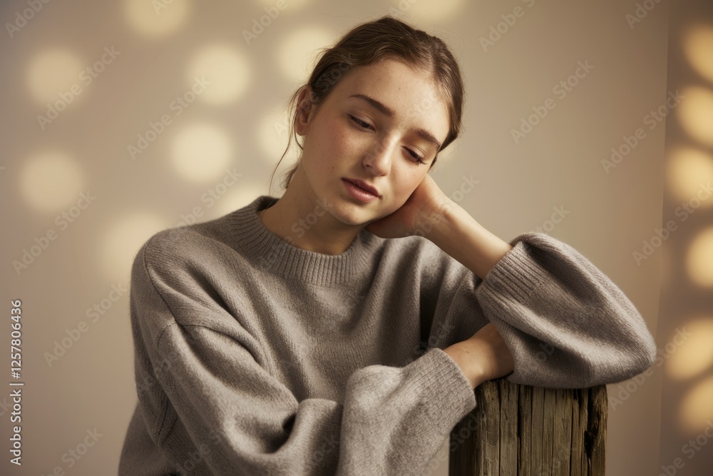 Fototapeta premium A pensive young woman in a soft grey sweater, lost in thought, bathed in soft light.