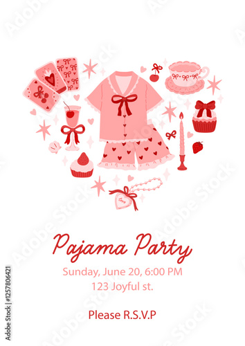 Pajama party invitation template. Composition of themed items in the form of a heart. Card for birthday party with sample text. Editable vector illustration. Coquette aesthetic. Whimsical elements