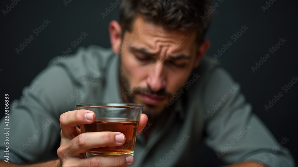 Man looks contemplative while holding a glass of amber drink in a dimly lit space during an evening moment of reflection Man looks contemplative while holding a glass of amber drink in a dimly lit space during an evening moment of reflection