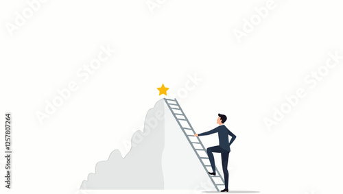 A businessman in a suit climbs the career ladder, achieving success and reaching his goals, symbolizing hard work and leadership.