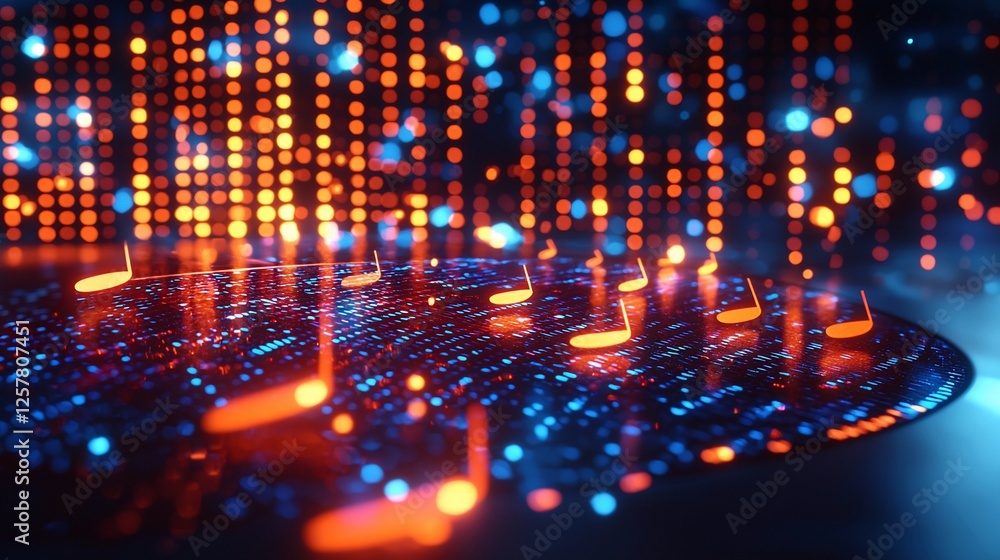 Obraz premium Vibrant digital music notes floating over a glowing circuit board with colorful lights