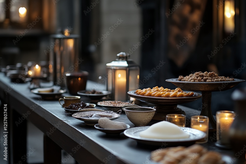 Traditional feast with assorted desserts and candles displayed on a wooden table in a cozy setting Traditional feast with assorted desserts and candles displayed on a wooden table in a cozy setting