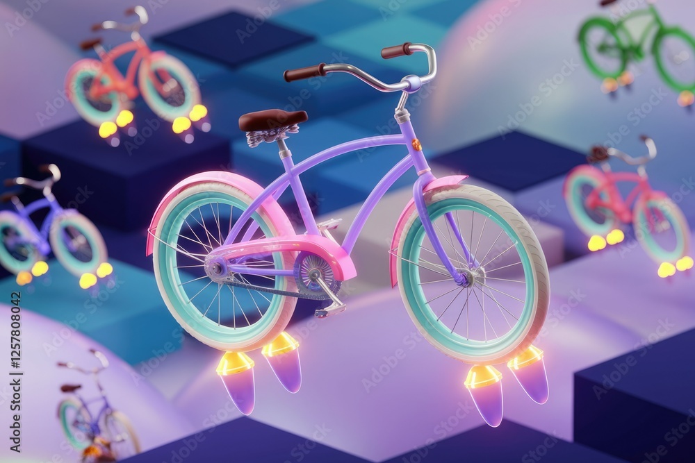 Fototapeta premium A pastel-colored bicycle with jet engines, flying amidst colorful geometric shapes.