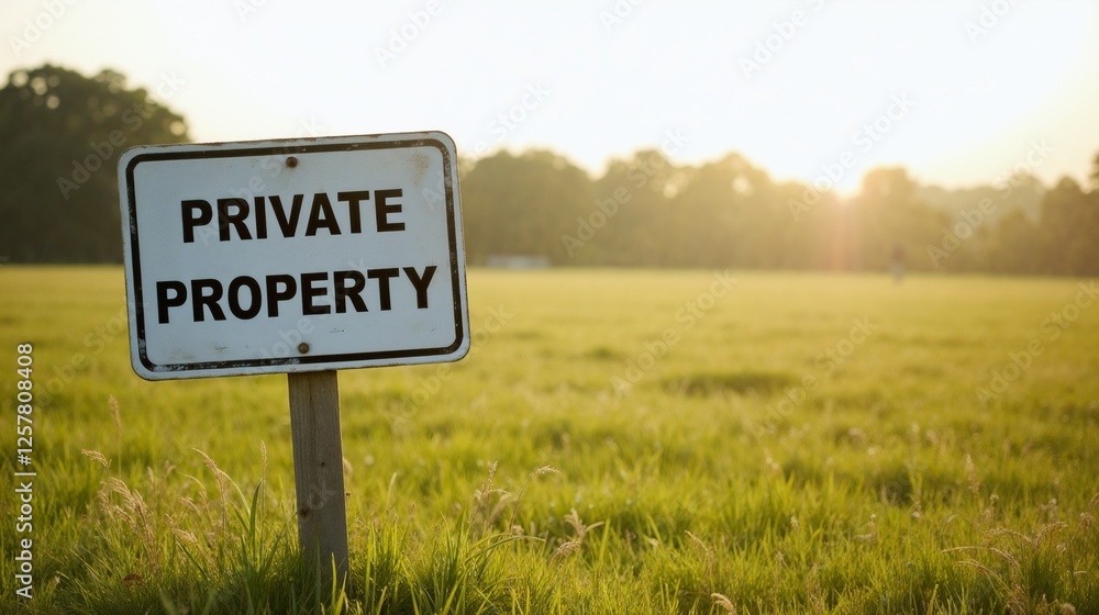 Sign indicating private property in a rural area during sunset with lush green grass and trees in the background Sign indicating private property in a rural area during sunset with lush green grass and trees in the background