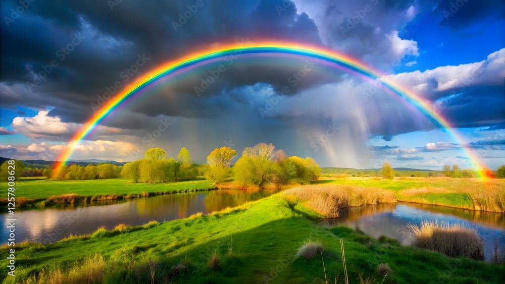 Vibrant Rainbow over Lush Green Landscape Vibrant Rainbow over Lush Green Landscape