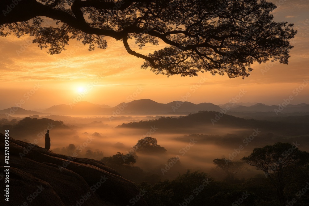Sunrise meditation over misty hills with dramatic tree silhouette in rural landscape Sunrise meditation over misty hills with dramatic tree silhouette in rural landscape