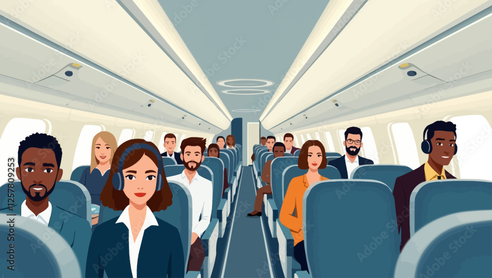 Airplane passengers traveling inside the plane. People seated in business class, enjoying the flight. A view of people operating and interacting in the aircraft. Airplane passengers traveling inside the plane. People seated in business class, enjoying the flight. A view of people operating and interacting in the aircraft.