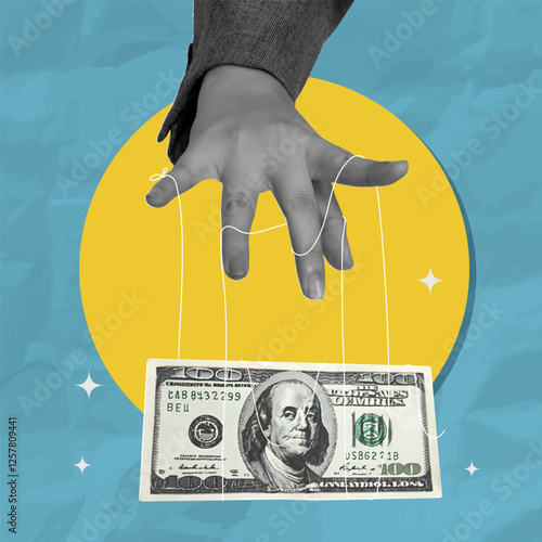 Manipulative hand controlling money with a dollar bill in creative design, vector illustration