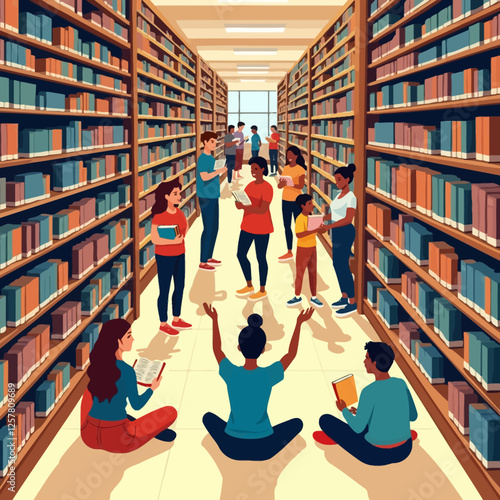 Diverse people browsing and choosing books from bookshelves in a bookstore. Customers selecting novels and textbooks in the literature store.