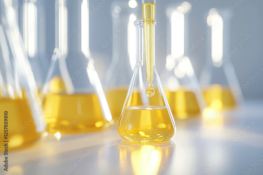 Close-up of laboratory beakers with yellow liquid and a pipette showcasing a droplet about to fall into a glass beaker Close-up of laboratory beakers with yellow liquid and a pipette showcasing a droplet about to fall into a glass beaker