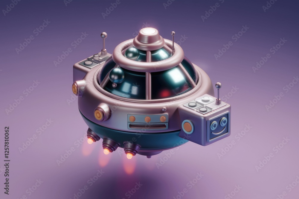 Fototapeta premium A cute, cartoonish spaceship with a happy face, hovering gently on a purple background.
