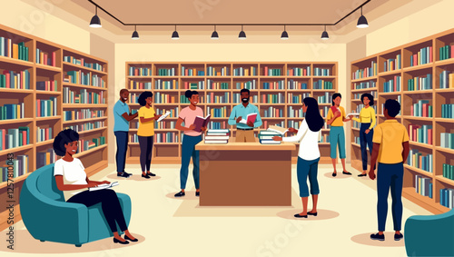 Diverse people browsing and choosing books from bookshelves in a bookstore. Customers selecting novels and textbooks in the literature store.