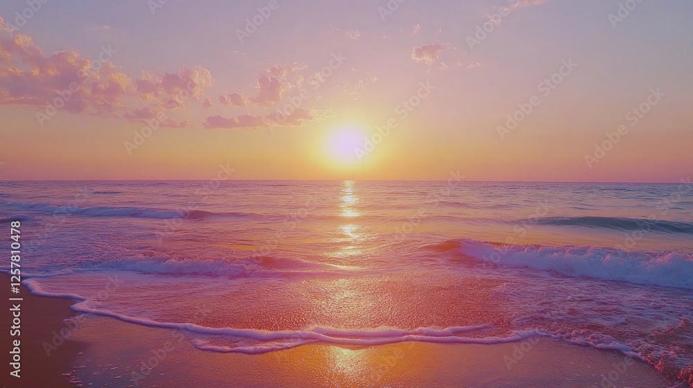 Fototapeta premium Pink sunrise over ocean beach; waves gently lapping shore; peaceful morning scene; travel postcard