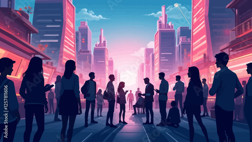 In a futuristic city, digital nomads interact with technology. The environment is filled with abstract buildings, vibrant colors, and elements representing remote work and global communities.