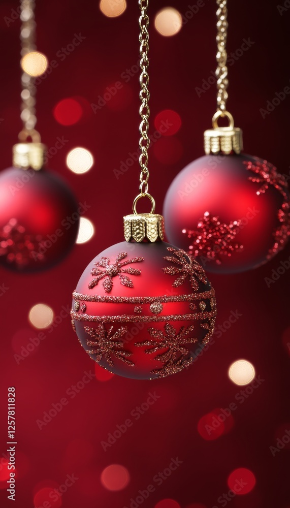 Three Red Christmas Ornaments Hanging on a Dusky Crimson Background with Twinkling Lights Three Red Christmas Ornaments Hanging on a Dusky Crimson Background with Twinkling Lights